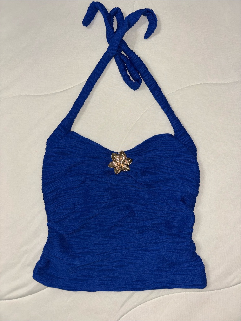 SHEIN Royal Blue Halter Ruched Camisole with Gold Flower